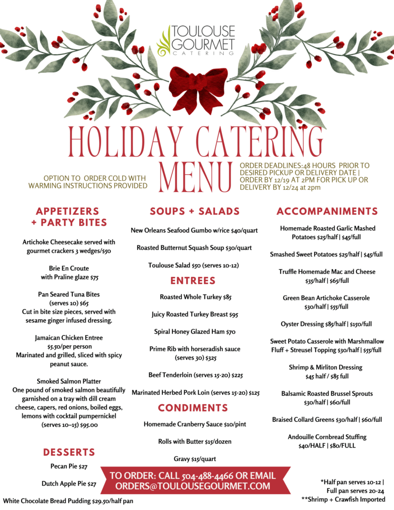 Toulouse Gourmet Holiday Catering Menu 2025 | Christmas and Holiday Party Menu